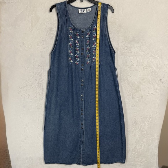 Vintage Embroidered Denim Midi Jumper Dress Size L Button Front Boho Cottage 90s - Picture 7 of 12